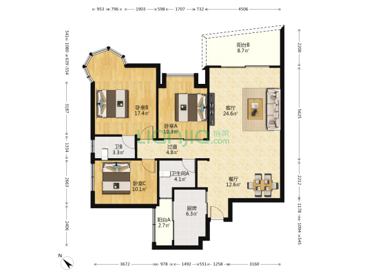 富华广场三期 3室2厅2卫 122平方