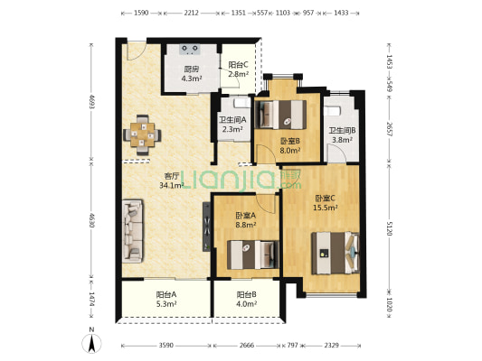 君御水漾年华 3室1厅2卫 105平方
