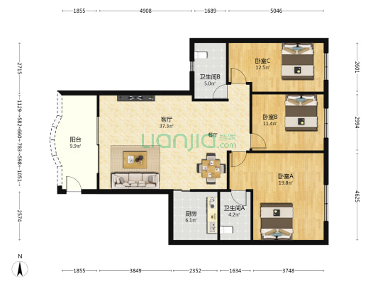 银苑大厦(番禺) 3室1厅2卫 118平方