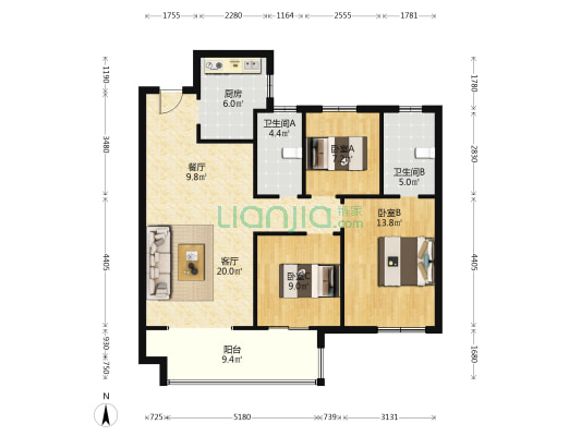 建业天玺 3室2厅2卫 114平方