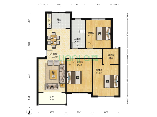 翠谷玉苑(西区) 3室1厅1卫 117平方