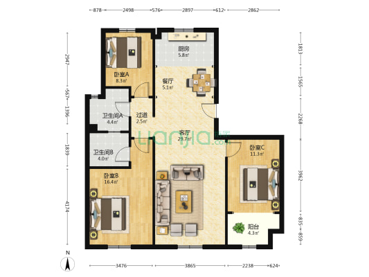 华商金地 3室2厅2卫 129平方