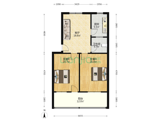 饮料厂家属院 2室1厅1卫 77平方