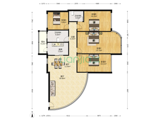 中铁大厦 4室2厅2卫 166平方