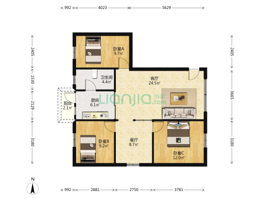 富兴楼 3室2厅1卫 89平方