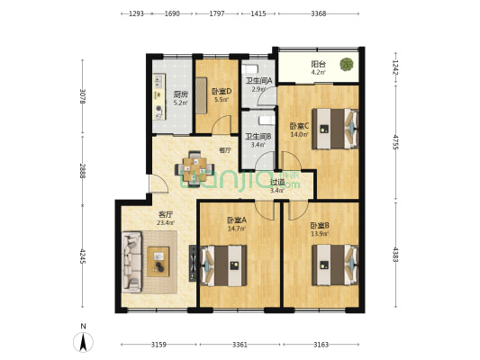 湖滨东路9号之一 4室1厅2卫 115平方
