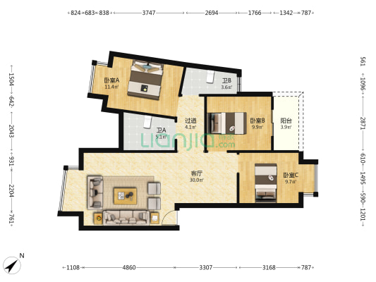 青海昆仑世纪花园 3室1厅2卫 128平方