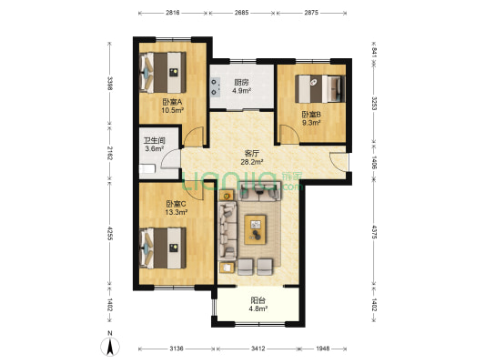 鹏渤印象城牛津花园 3室1厅 南 北-户型图