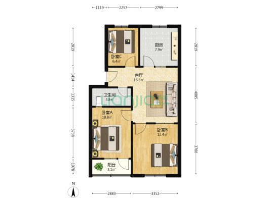 滨河小区(莱西) 3室1厅1卫 75平方
