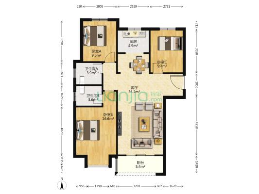 龙湖锦艺城2期 3室1厅2卫 125平方