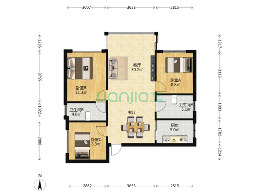 同仁街 3室1厅2卫 88平方