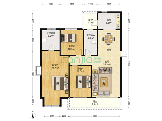 泓临新居 3室1厅2卫 138平方
