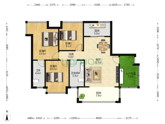 金都二期 3室1厅2卫 107平方