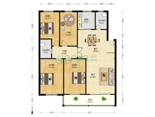 南方大厦 4室2厅2卫 155平方
