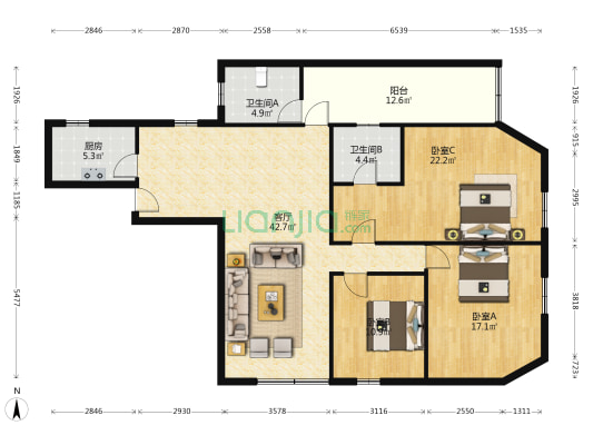 丽景 3室1厅2卫 124平方