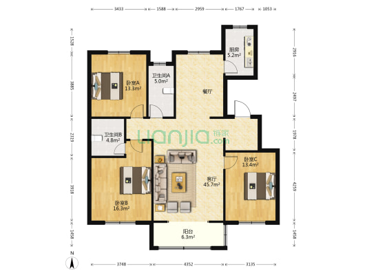 博慧苑东苑 3室1厅2卫 145平方