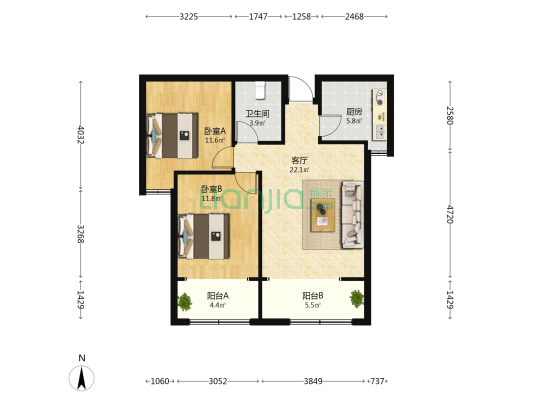 龙旺名城 2室1厅1卫 91平方