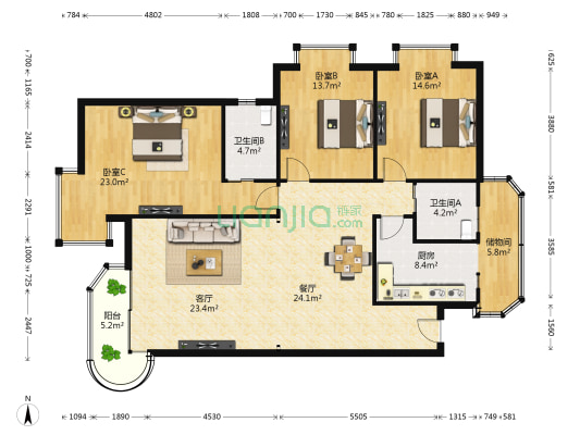 天集大厦 3室2厅2卫 145平方
