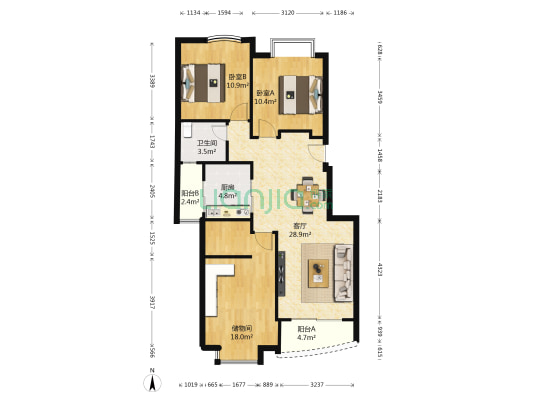 华浩源B区 2室1厅1卫 104平方