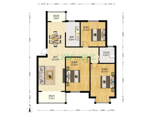 新河花苑南区 3室1厅1卫 119平方