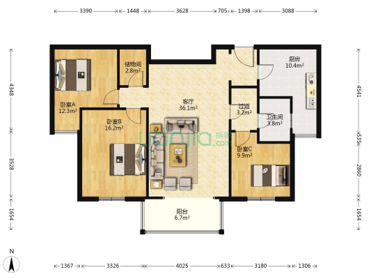 CBD中央广场 3室1厅1卫 140平方