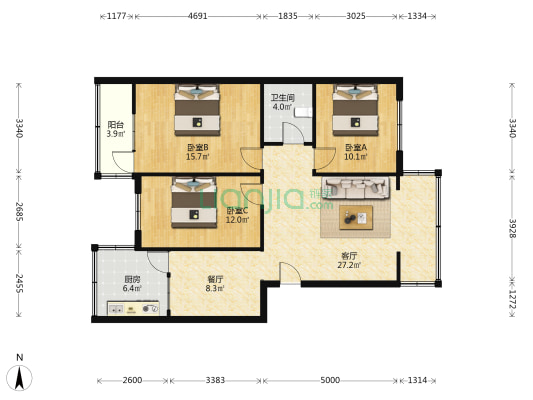 华夏小区 3室2厅1卫 110平方