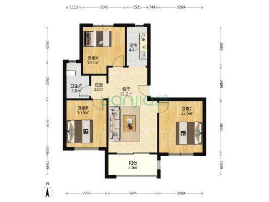 开元城开元御景 3室1厅1卫 95平方