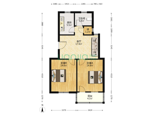 建行宿舍二区 2室1厅1卫 76平方