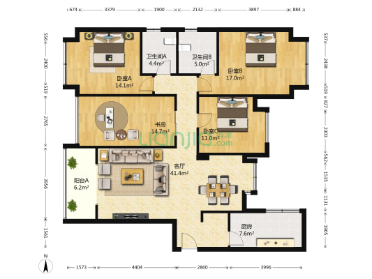 西府少城 4室2厅 130.82平米-户型图