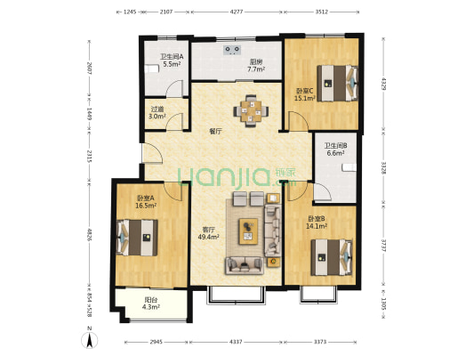 新富公寓 3室1厅2卫 154平方