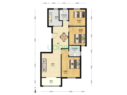 奥都花园北一区 3室1厅2卫 118平方