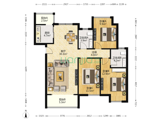 紫薇风尚西区 3室1厅2卫 115平方