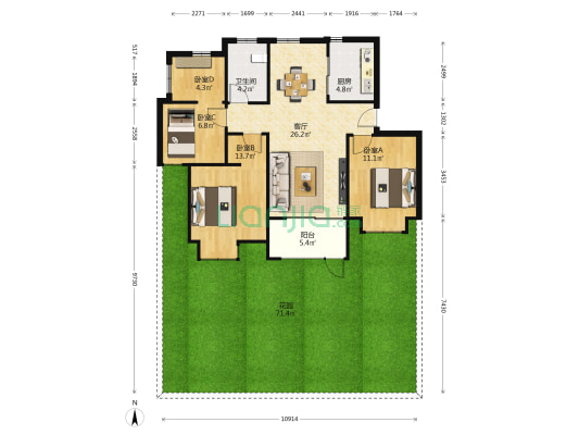 中海云麓公馆 4室1厅1卫 95平方