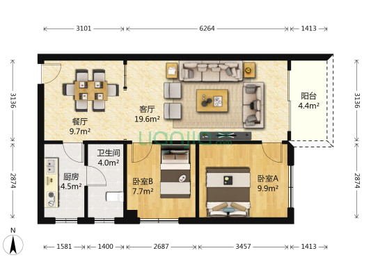 园林局宿舍 2室2厅1卫 75平方