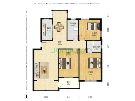 龙威新村 3室1厅2卫 125平方