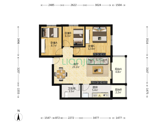 百万庄大街21号院 3室1厅1卫 94平方