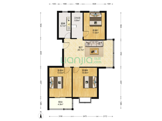 新亭兰苑 3室1厅1卫 111平方