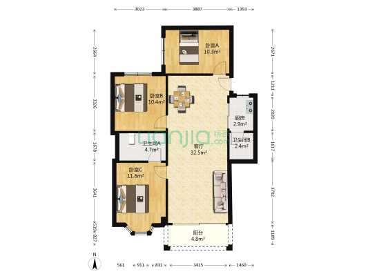 嘉德苑 3室1厅2卫 98平方