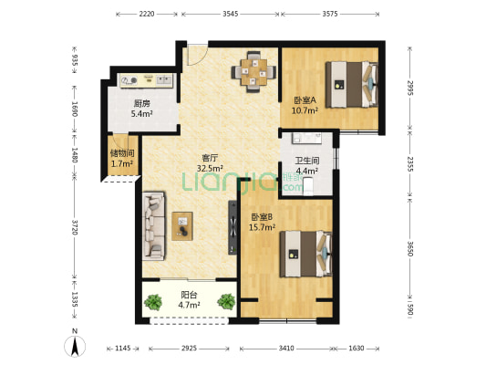 清华大溪地1号院南院 2室1厅1卫 89平方