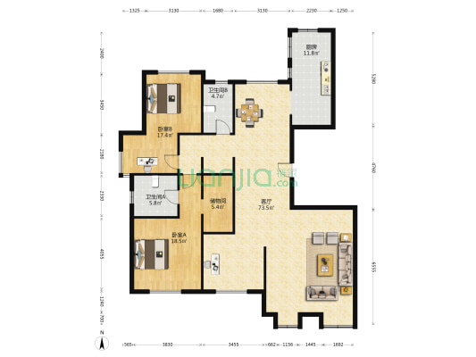 蠡湖瑞仕花园一期 2室1厅2卫 185平方