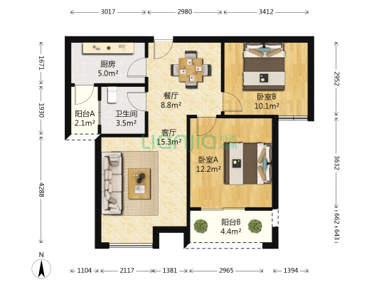 德宝幸福里 2室2厅1卫 87平方