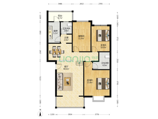 东润风景B区 2室1厅2卫 110平方