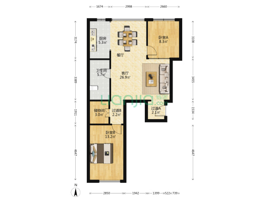 香港广场 2室1厅1卫 88平方