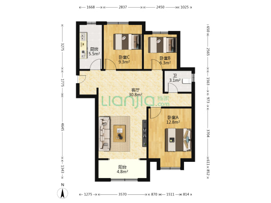 加州启城 3室1厅1卫 106平方