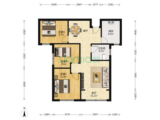 华远三千院 3室1厅1卫 101平方