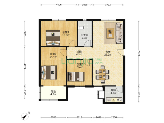 武铁四美苑 3室1厅1卫 105平方