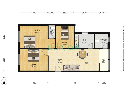 玉清观巷69号 3室1厅2卫 110平方
