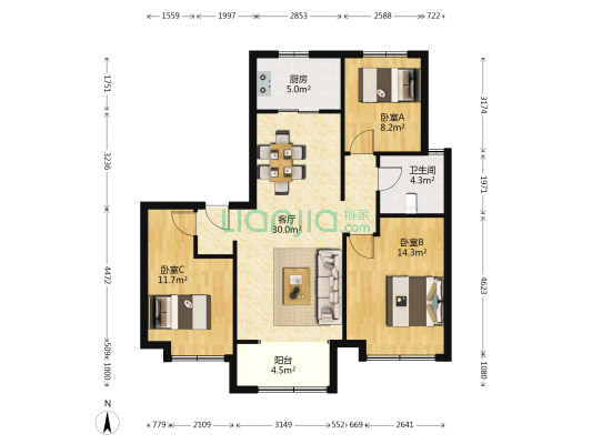 济南阳光城丽景公馆 3室1厅1卫 114平方