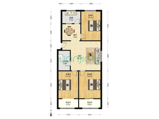 西北三路散盘 3室2厅1卫 115平方