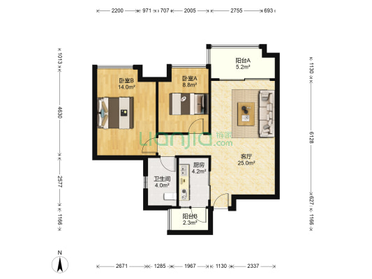 富力天禧花园 2室1厅1卫 78平方